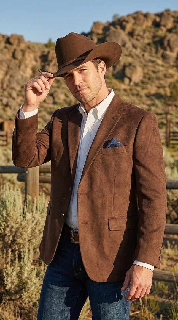 Mens Chocolate Brown Western Blazer – Cowboy Style Sport Coat Jacket Suede Fabric Two Buttons
