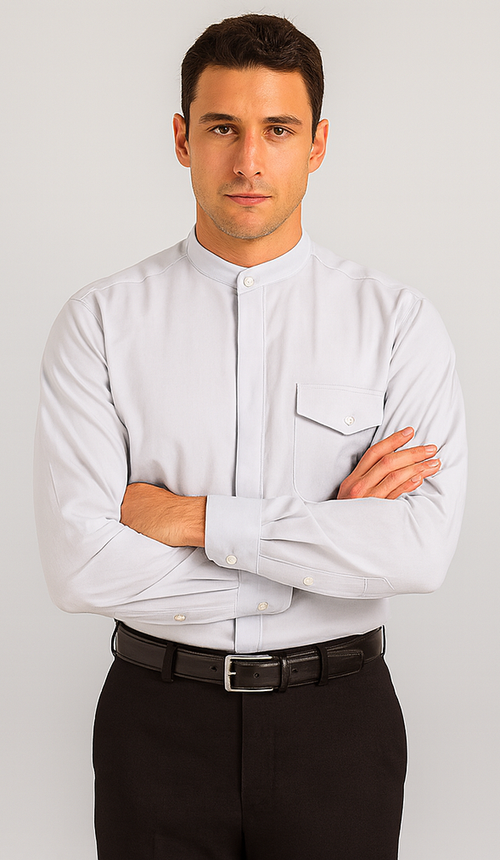 "Silver Grey Men's Classic French Front Dress Shirt with Banded Collar"
