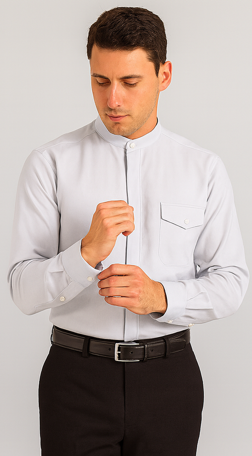 "Silver Grey Men's Classic French Front Dress Shirt with Banded Collar"