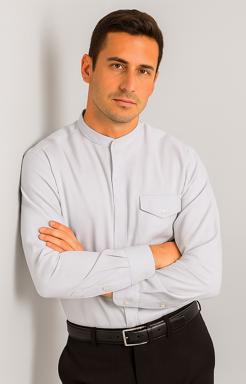 "Silver Grey Men's Classic French Front Dress Shirt with Banded Collar"