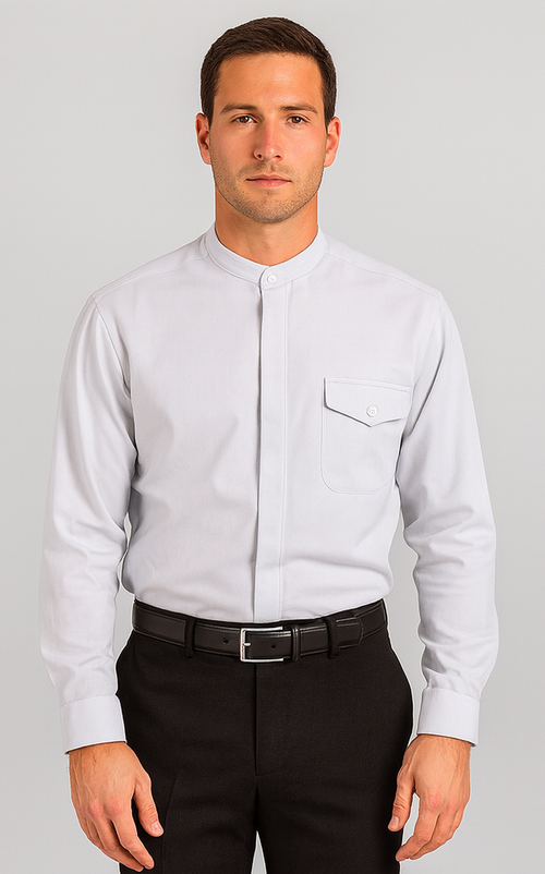 "Silver Grey Men's Classic French Front Dress Shirt with Banded Collar"