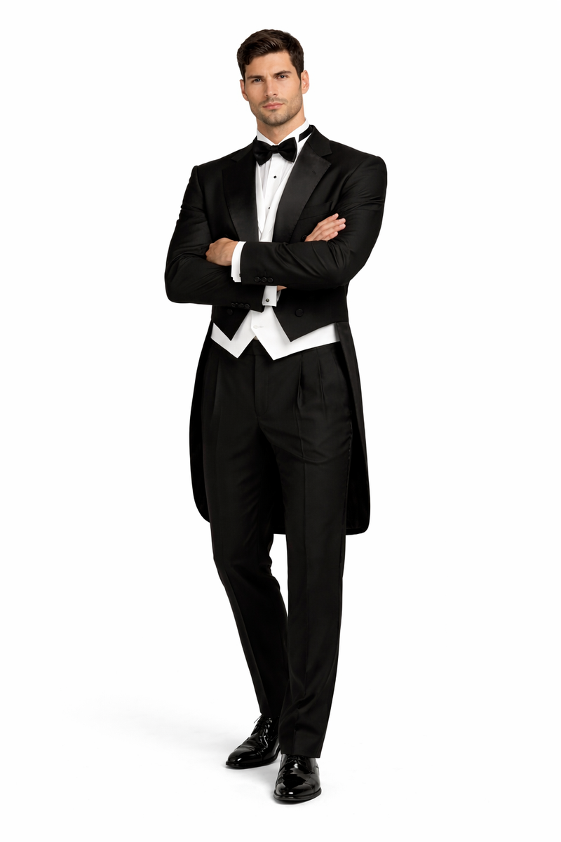 Mens Classic Black Tail Tuxedo with White Vest