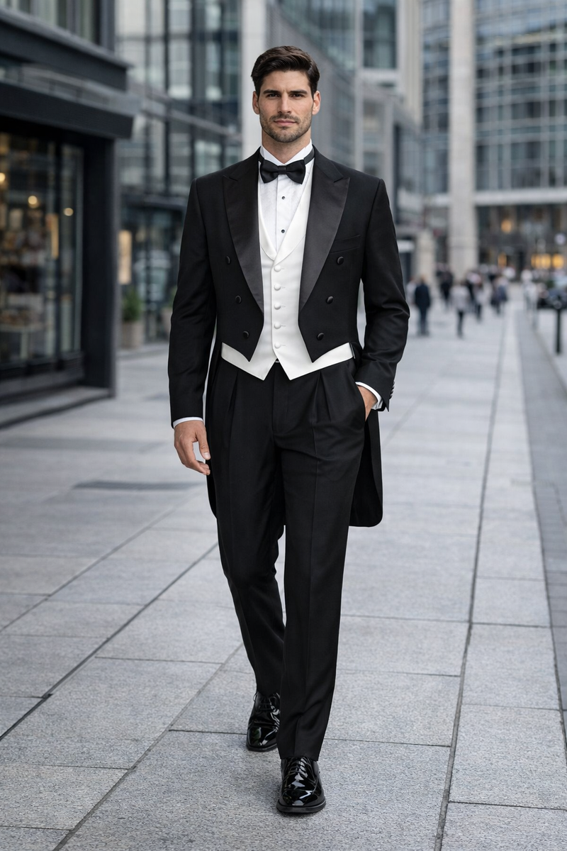 Mens Classic Black Tail Tuxedo with White Vest