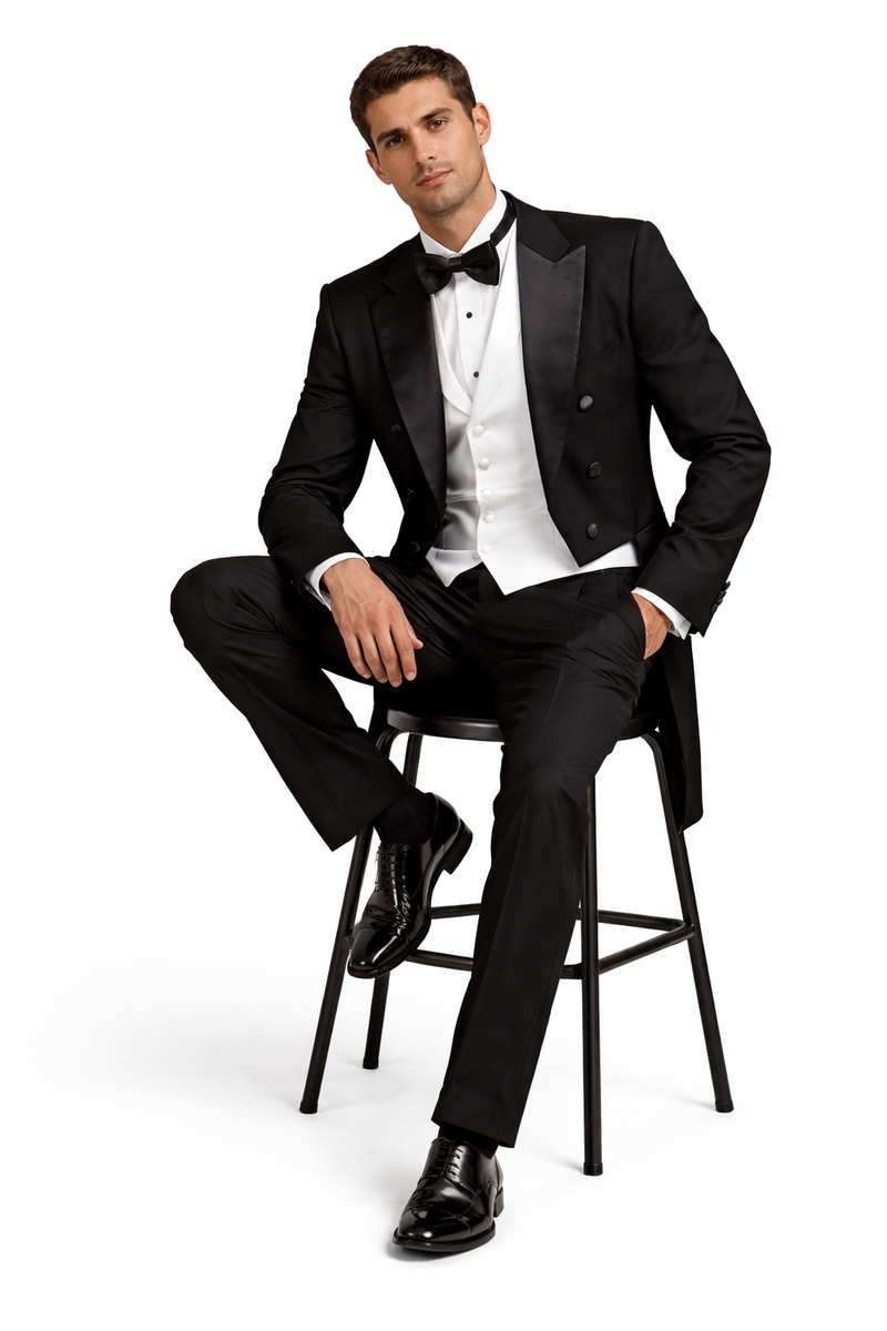 Mens Classic Black Tail Tuxedo with White Vest