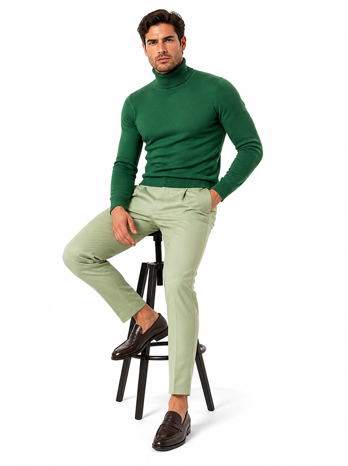 Mens Classic Emerald Green Turtleneck Sweater - Slim Fit Knit Pullover