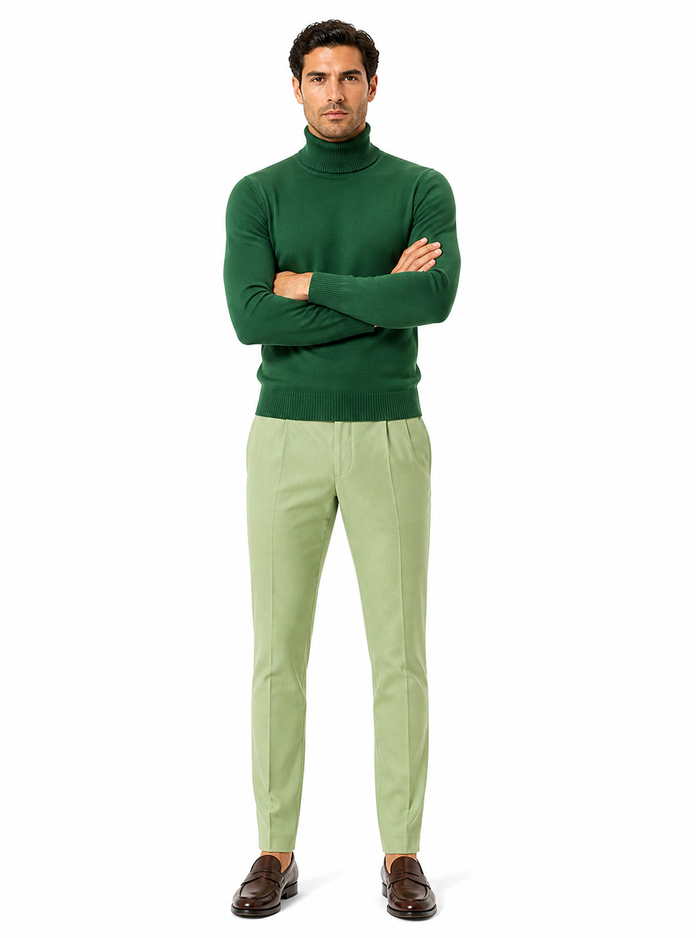 Mens Classic Emerald Green Turtleneck Sweater - Slim Fit Knit Pullover