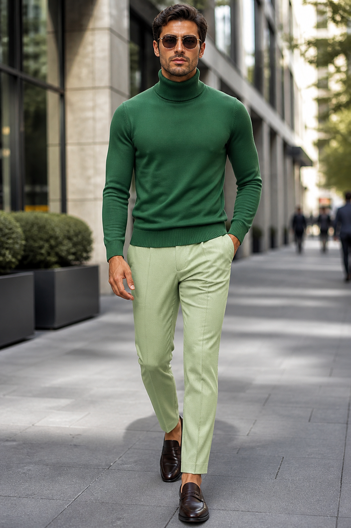 Mens Classic Emerald Green Turtleneck Sweater - Slim Fit Knit Pullover