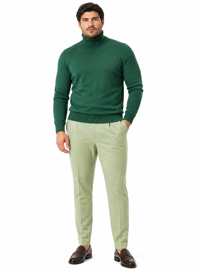 Mens Classic Emerald Green Turtleneck Sweater - Slim Fit Knit Pullover