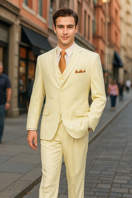 "Classic Fit Men's Three-Button Ivory Suit with Vest and Pleated Pants"