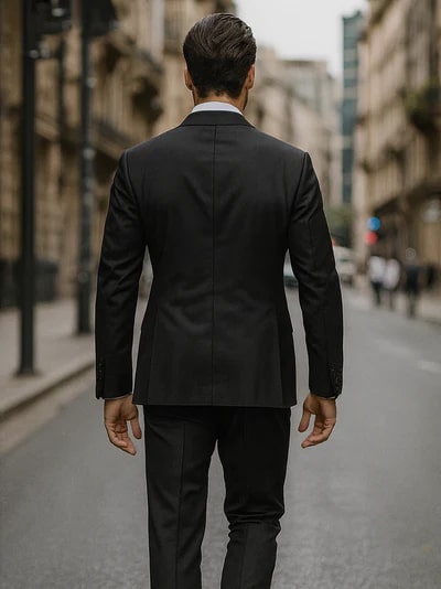 Alberto Nardoni men's premium black double-breasted suit. Tailored silhouette, sleek back, and structured fit. Smooth poplin fabric, classic design.
