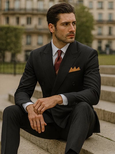 Men's premium black double-breasted poplin suit. Structured shoulders, fitted silhouette, notched lapels. Smooth, dark fabric, two rows of buttons, breast pocket with handkerchief. Tailored straight-cut trousers. Uniform deep black.
