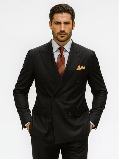 Alberto Nardoni's premium black double-breasted suit: structured silhouette, sharp lapels, smooth black poplin. Features two rows of buttons, fitted waist, flap pockets, and a contrasting pocket square. Paired with a light blue shirt and dark red tie.
