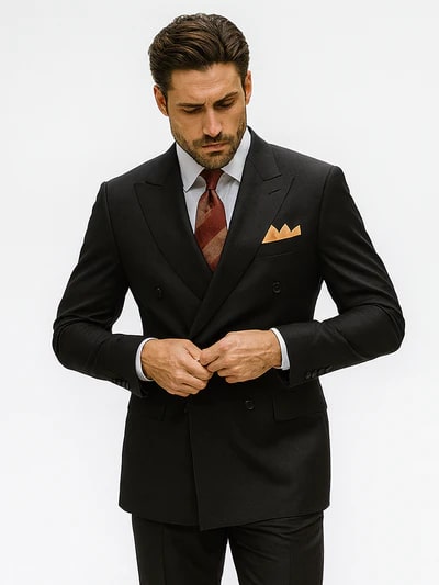 Classic men's black double-breasted poplin suit with structured silhouette. Features sharp lapels, two-row button closure, coordinating shirt, and patterned tie. Includes a contrasting pocket square.
