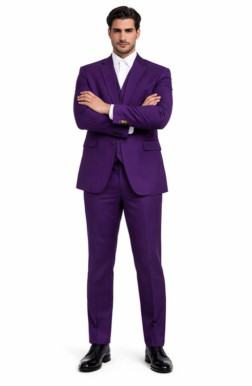 Mens Classic Three-Piece Purple Suit â€“ Formal Slim Fit Tuxedo Set with Vest