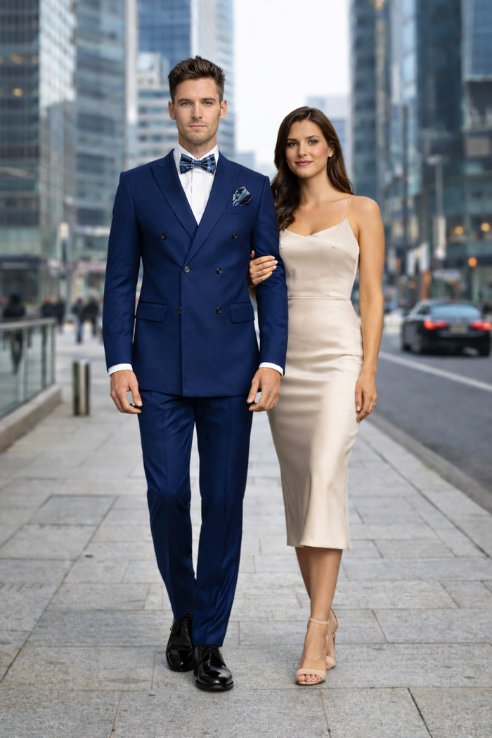 Mens Classic Wool  1 Button  Double Breasted  Suit in Sapphire Blue