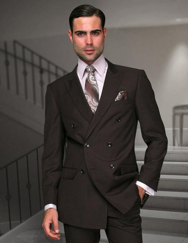 Mens Classic Wool Double Breasted Suit in Brown - AlbertoNardoniStore