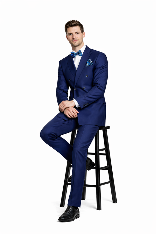 Mens Classic Wool Double Breasted Suit in Sapphire Blue