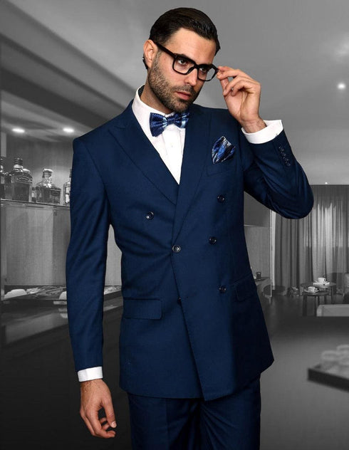 Mens Classic Wool Double Breasted Suit in Sapphire Blue - AlbertoNardoniStore