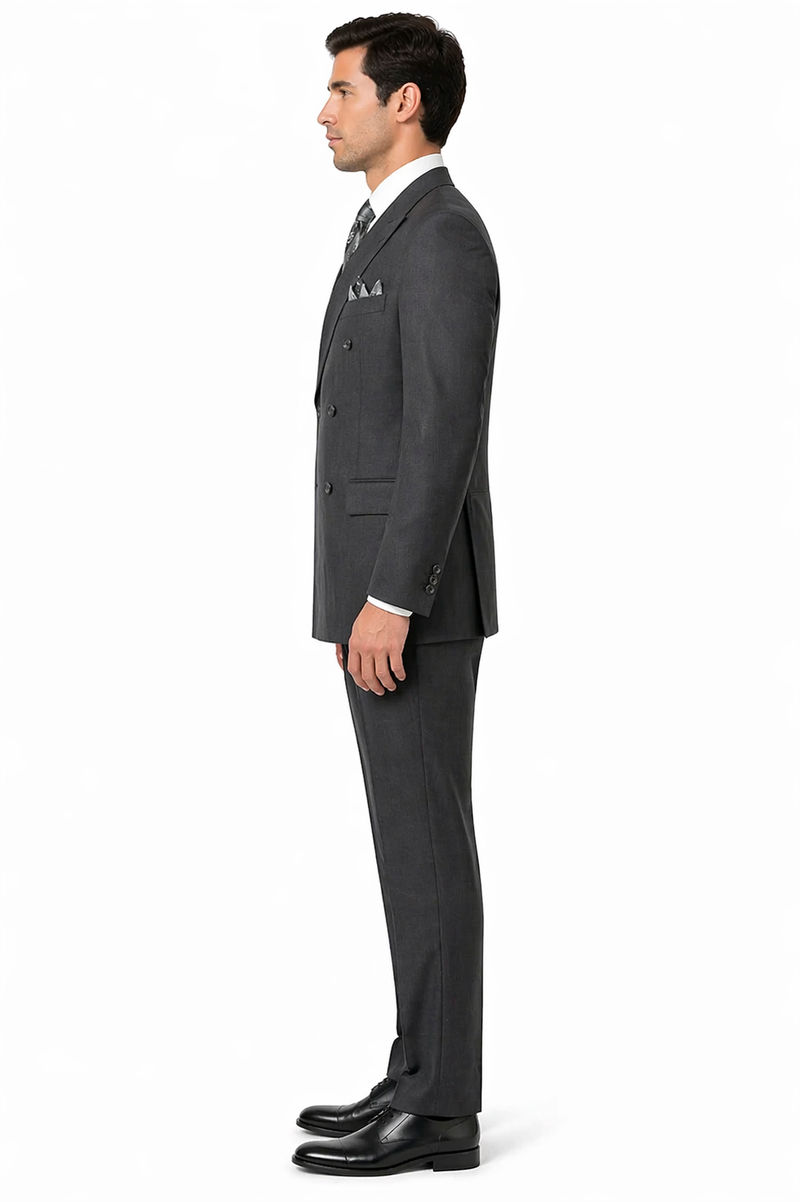 Mens Classic Wool Feel Double Breasted Suit in Heather Grey