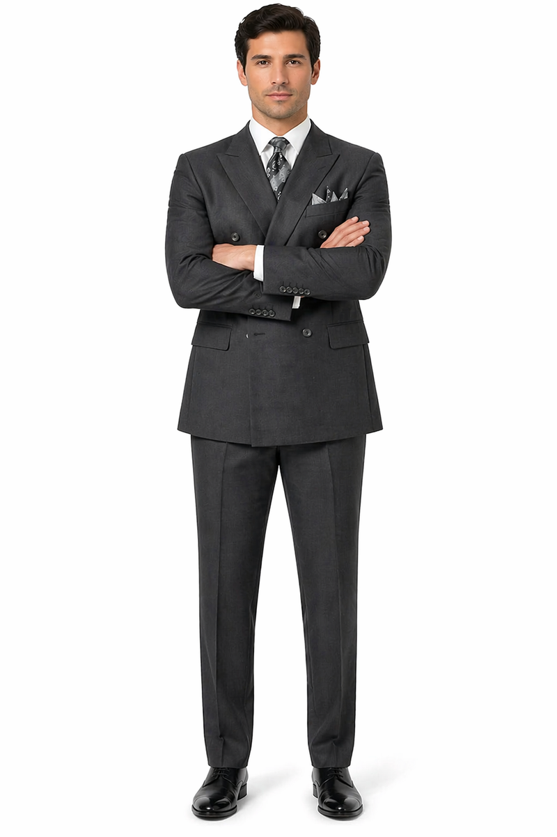 Mens Classic Wool Feel Double Breasted Suit in Heather Grey