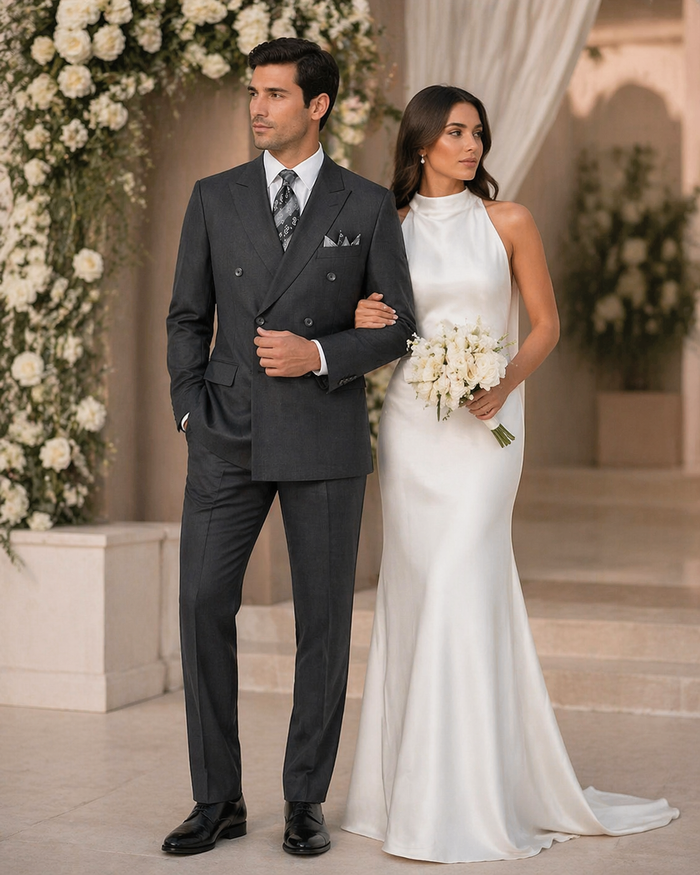 Mens Classic Wool Feel Double Breasted Suit in Heather Grey