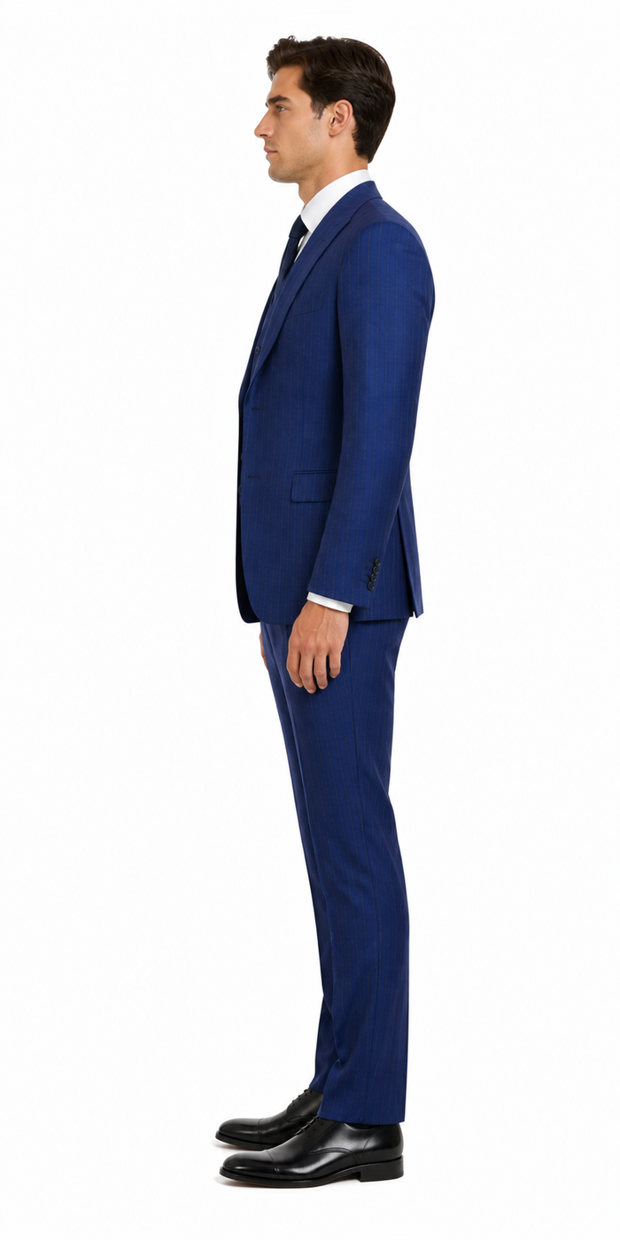 Men’s Cobalt Blue 3 Piece Suit – Indigo Light Blue Pinstripe Formal Suit with Vest for Wedding, Business Modern Fit Two buttons