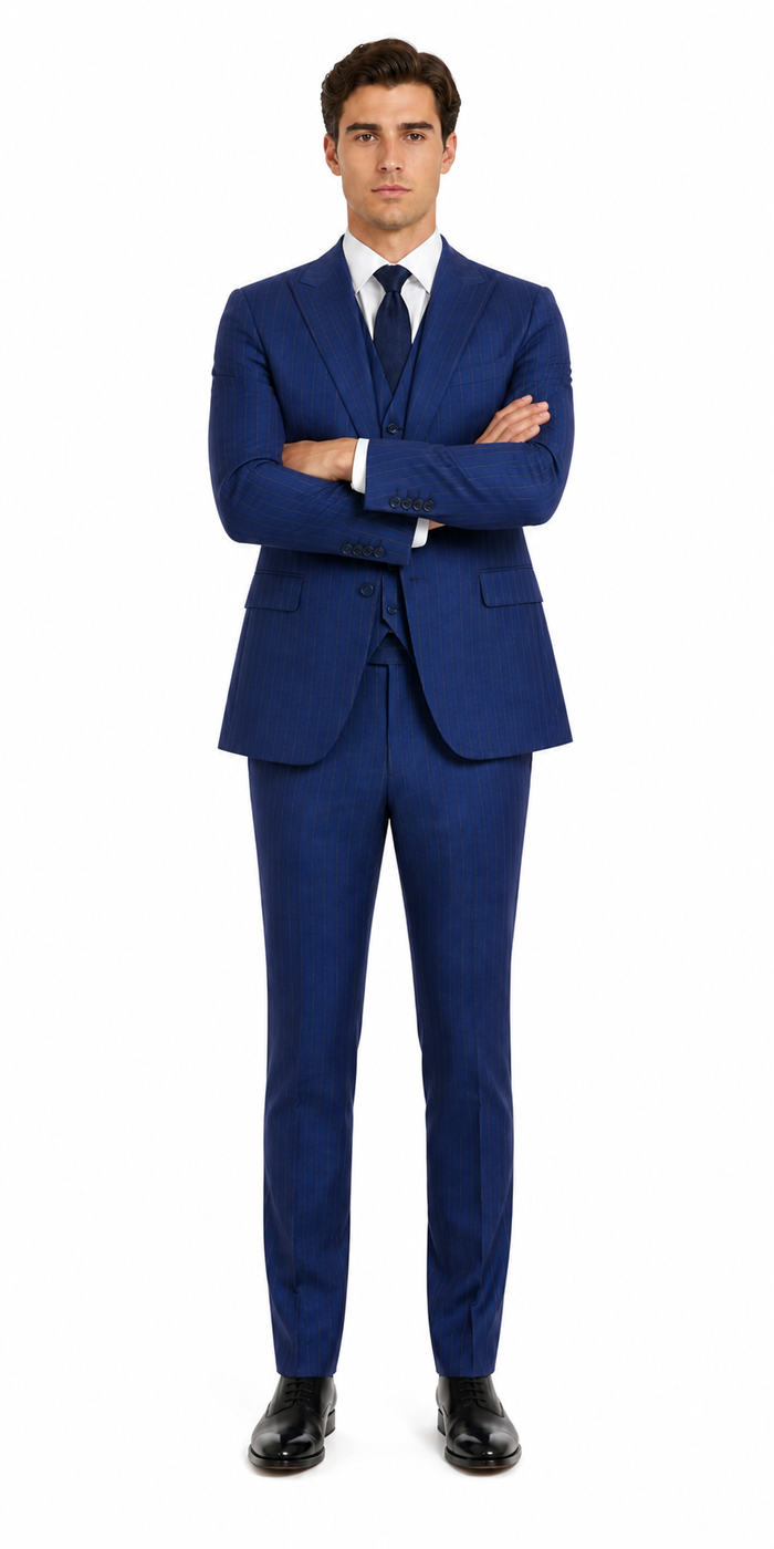 Men’s Cobalt Blue 3 Piece Suit – Indigo Light Blue Pinstripe Formal Suit with Vest for Wedding, Business Modern Fit Two buttons