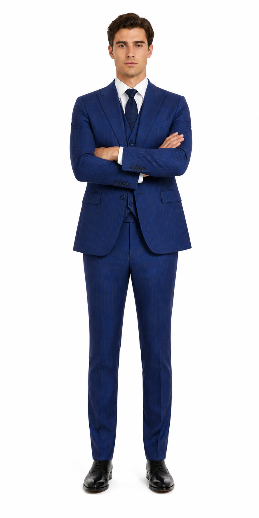 Men’s Cobalt Blue 3 Piece Suit – Indigo Light Blue Pinstripe Formal Suit with Vest for Wedding, Business Modern Fit Two buttons