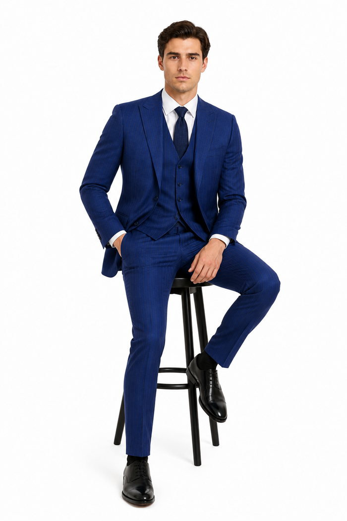 Men’s Cobalt Blue 3 Piece Suit – Indigo Light Blue Pinstripe Formal Suit with Vest for Wedding, Business Modern Fit Two buttons