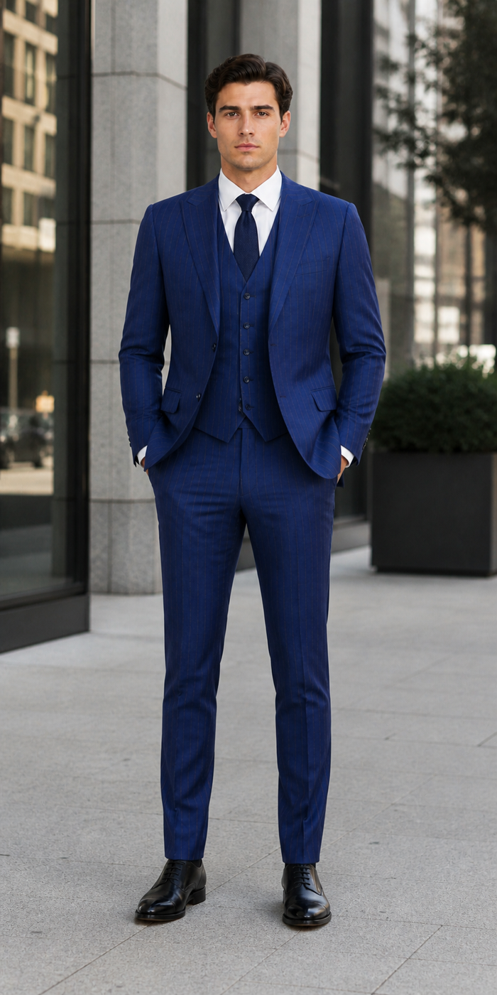 Men’s Cobalt Blue 3 Piece Suit – Indigo Light Blue Pinstripe Formal Suit with Vest for Wedding, Business Modern Fit Two buttons