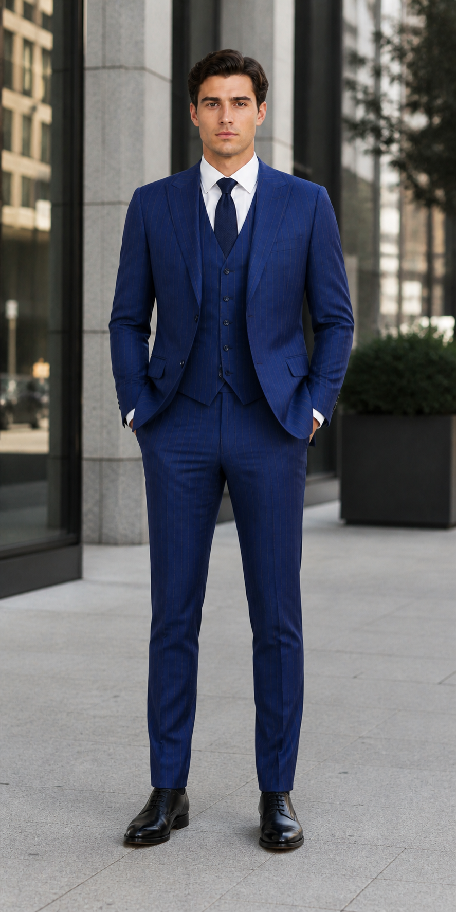 Men’s Cobalt Blue 3 Piece Suit – Indigo Light Blue Pinstripe Formal Suit with Vest for Wedding, Business Modern Fit Two buttons