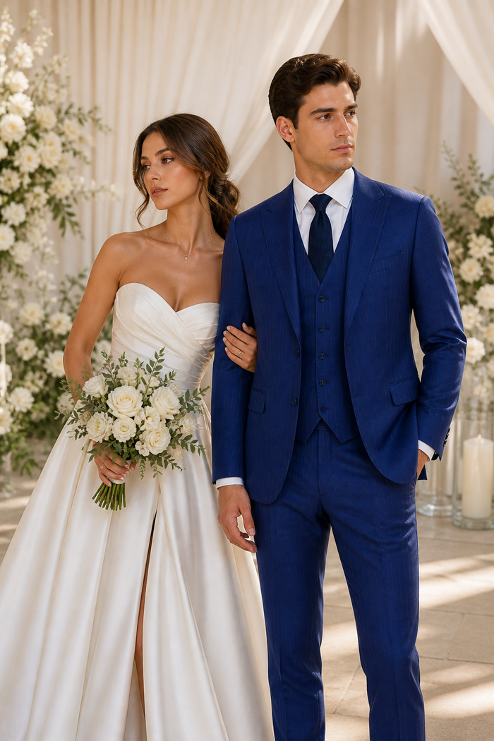 Men’s Cobalt Blue 3 Piece Suit – Indigo Light Blue Pinstripe Formal Suit with Vest for Wedding, Business Modern Fit Two buttons