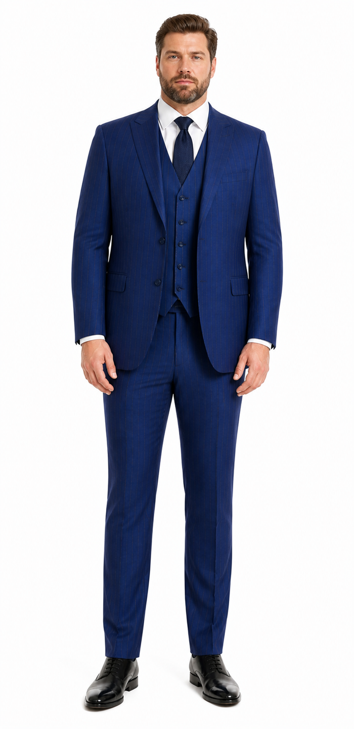 Men’s Cobalt Blue 3 Piece Suit – Indigo Light Blue Pinstripe Formal Suit with Vest for Wedding, Business Modern Fit Two buttons