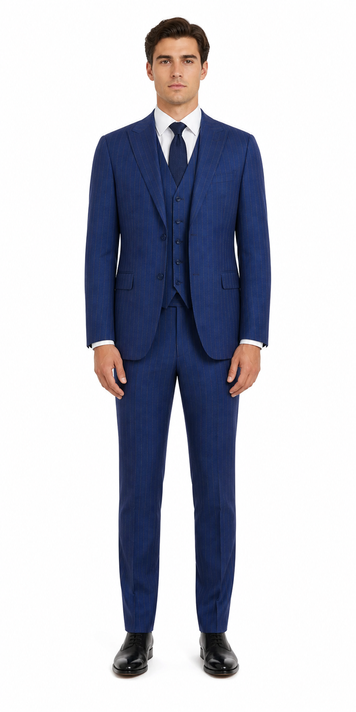 Men’s Cobalt Blue 3 Piece Suit – Indigo Light Blue Pinstripe Formal Suit with Vest for Wedding, Business Modern Fit Two buttons