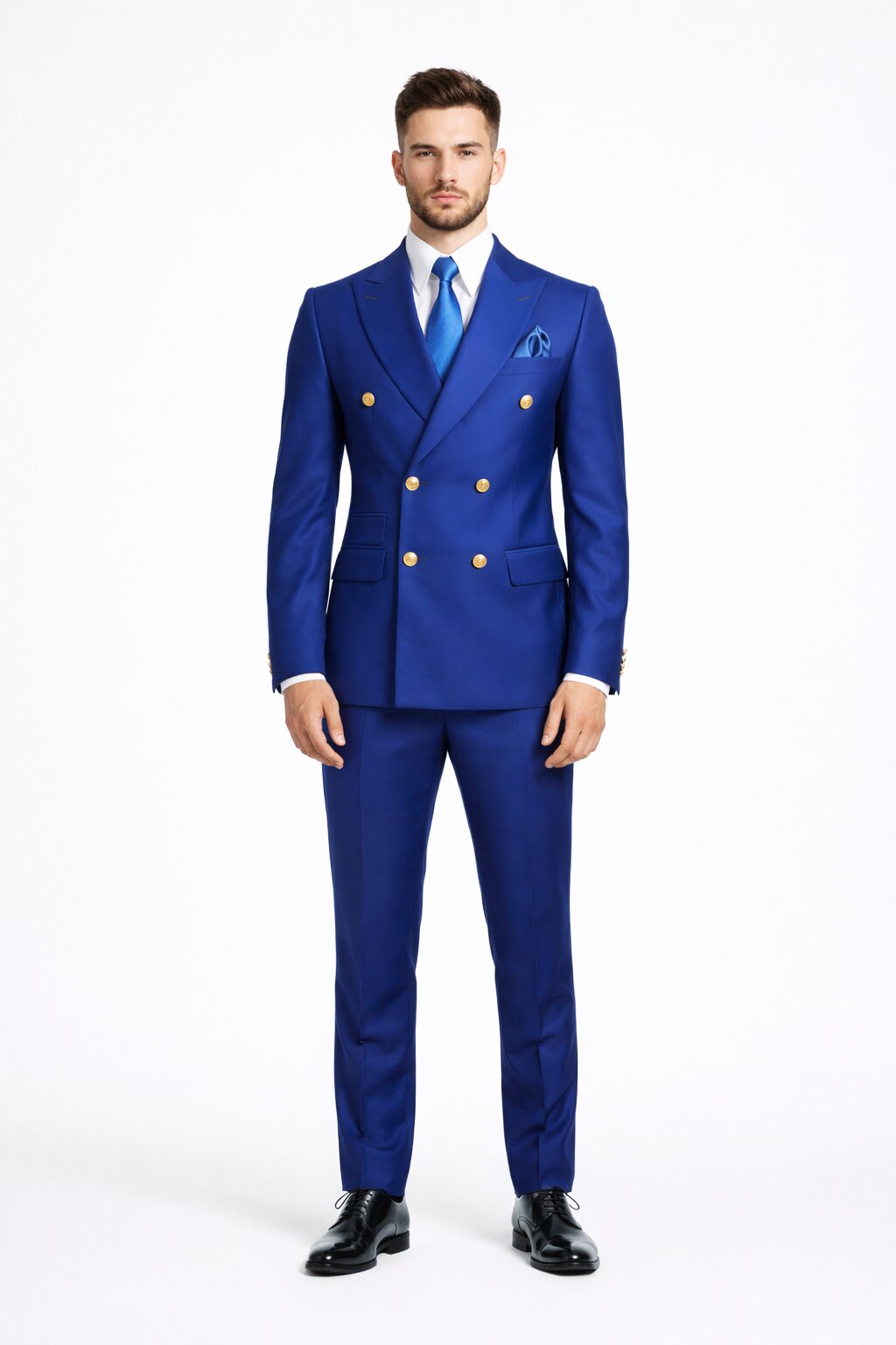 Mens Designer Modern Fit Double Breasted Wool Suit with Gold Buttons in Cobalt Blue