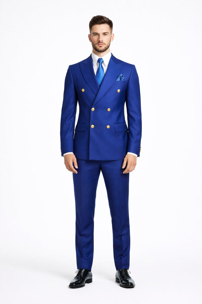 Mens Designer Modern Fit Double Breasted Wool Suit with Gold Buttons in Cobalt Blue