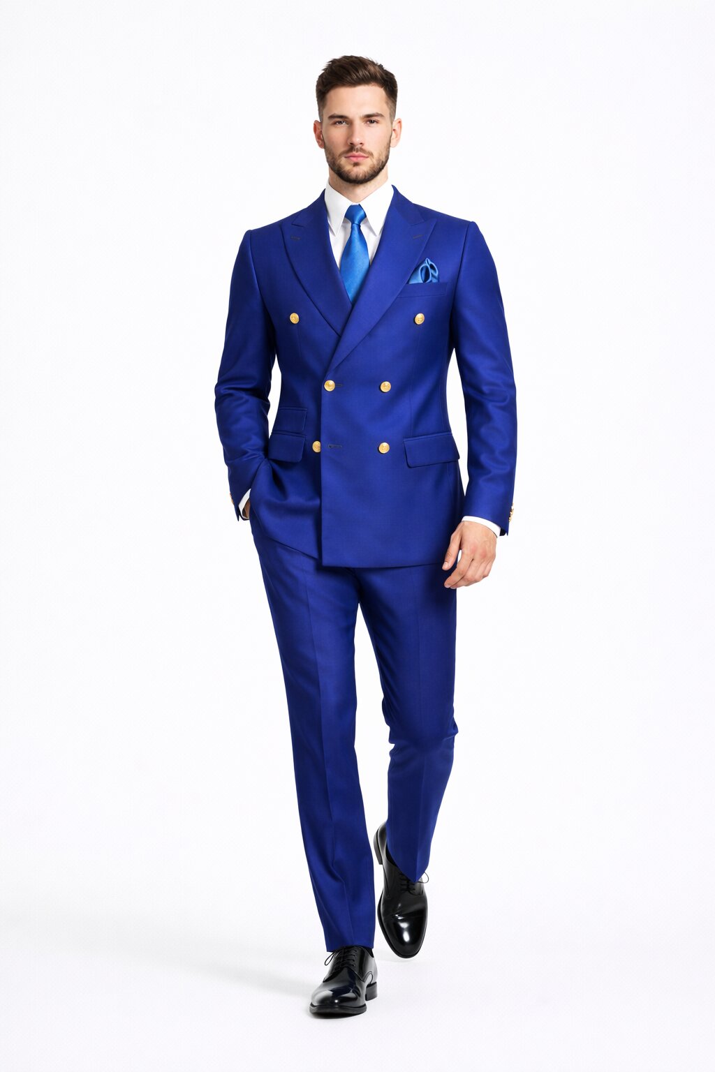 Mens Designer Modern Fit Double Breasted Wool Suit with Gold Buttons in Cobalt Blue