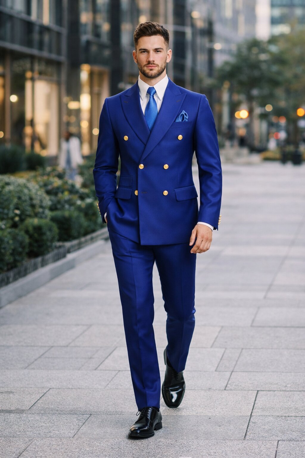Mens Designer Modern Fit Double Breasted Wool Suit with Gold Buttons in Cobalt Blue