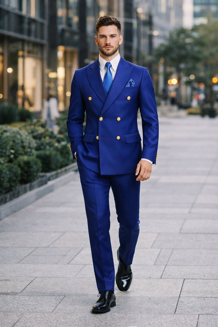 Mens Designer Modern Fit Double Breasted Wool Suit with Gold Buttons in Cobalt Blue