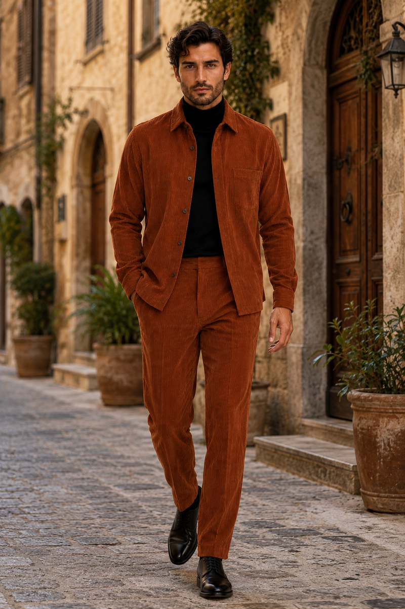 winter dress shirt colors Men's Corduroy and Pants Walking Suit in Cotton Fabric Casual in Color Burnt Orange Light Rust leisure Style BEIGE HALTER NECK TIERED Color:Iris Blue Regenerative Cotton Collection Polyester fiber