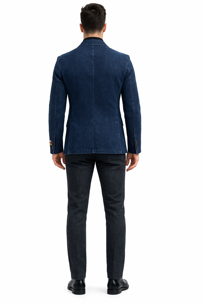 Mens Dark Blue Denim Casual Blazer with Notch Lapel and Single Button Closure
