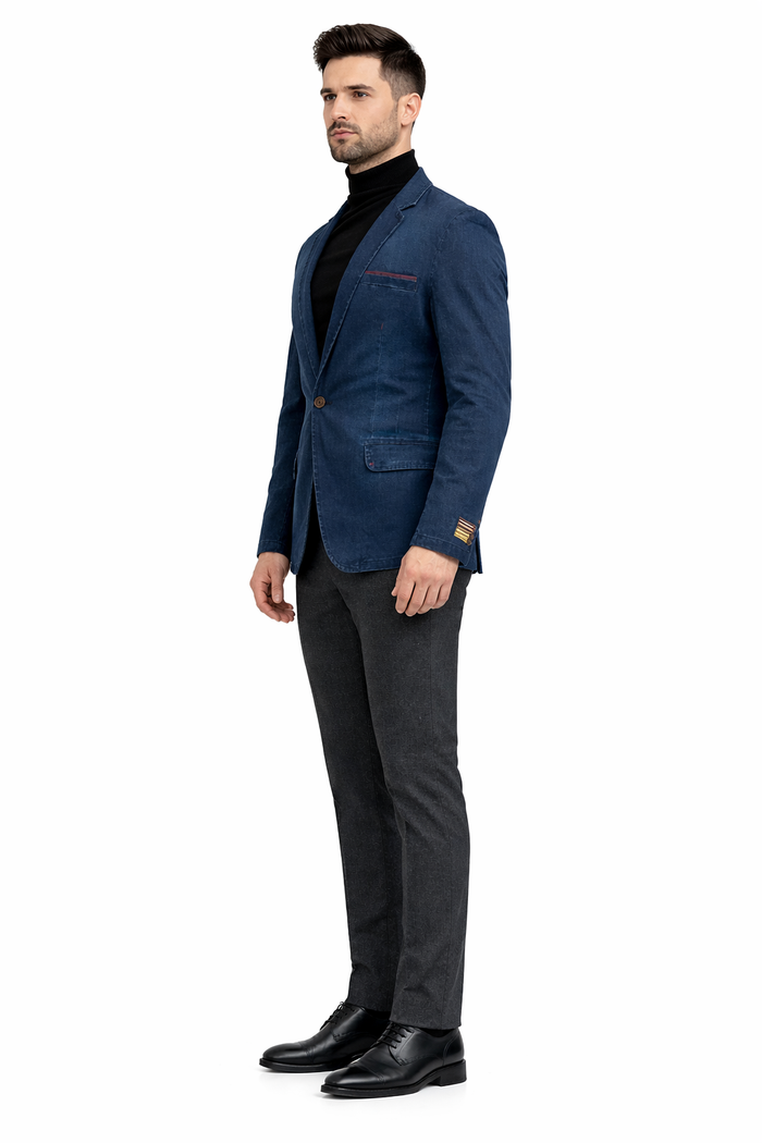 Mens Dark Blue Denim Casual Blazer with Notch Lapel and Single Button Closure