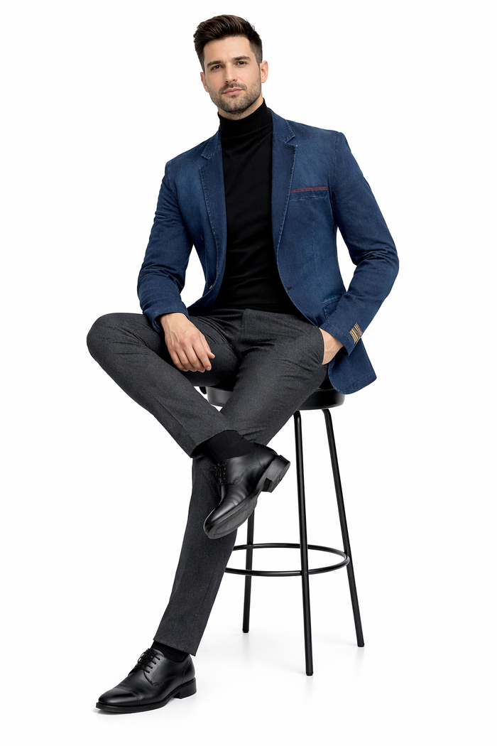 Mens Dark Blue Denim Casual Blazer with Notch Lapel and Single Button Closure