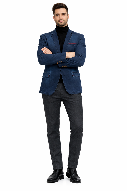 Mens Dark Blue Denim Casual Blazer with Notch Lapel and Single Button Closure