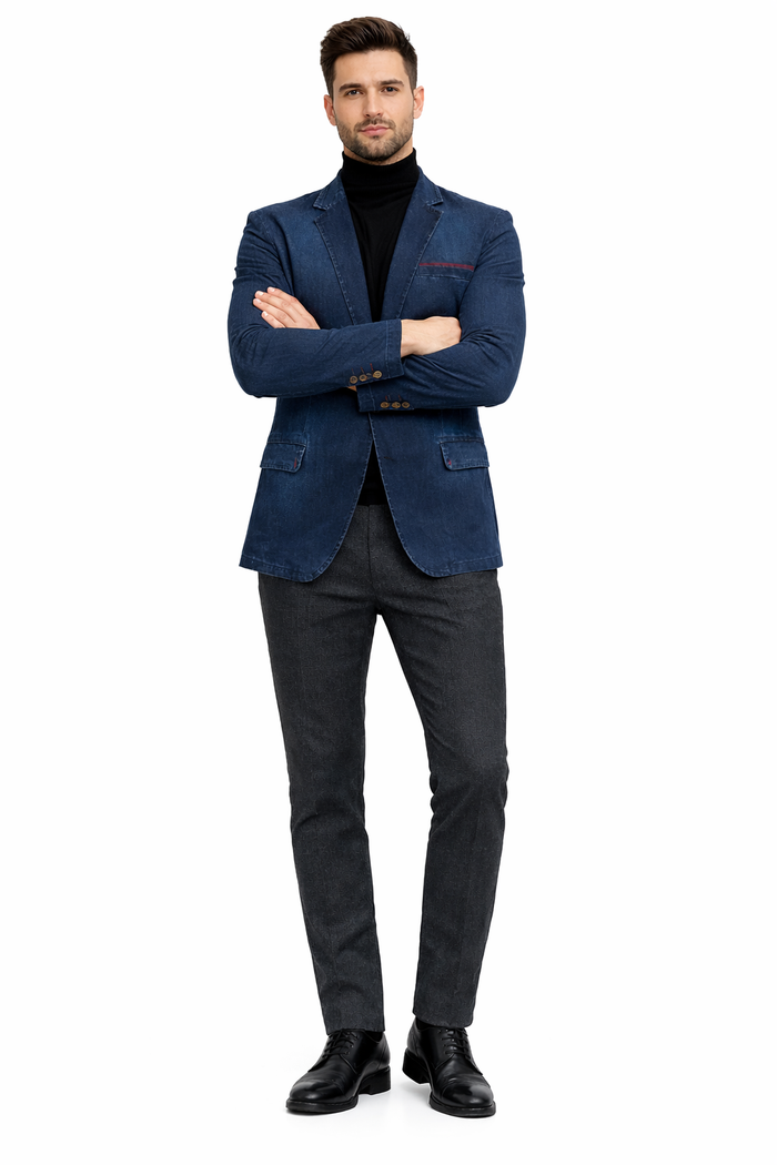 Mens Dark Blue Denim Casual Blazer with Notch Lapel and Single Button Closure
