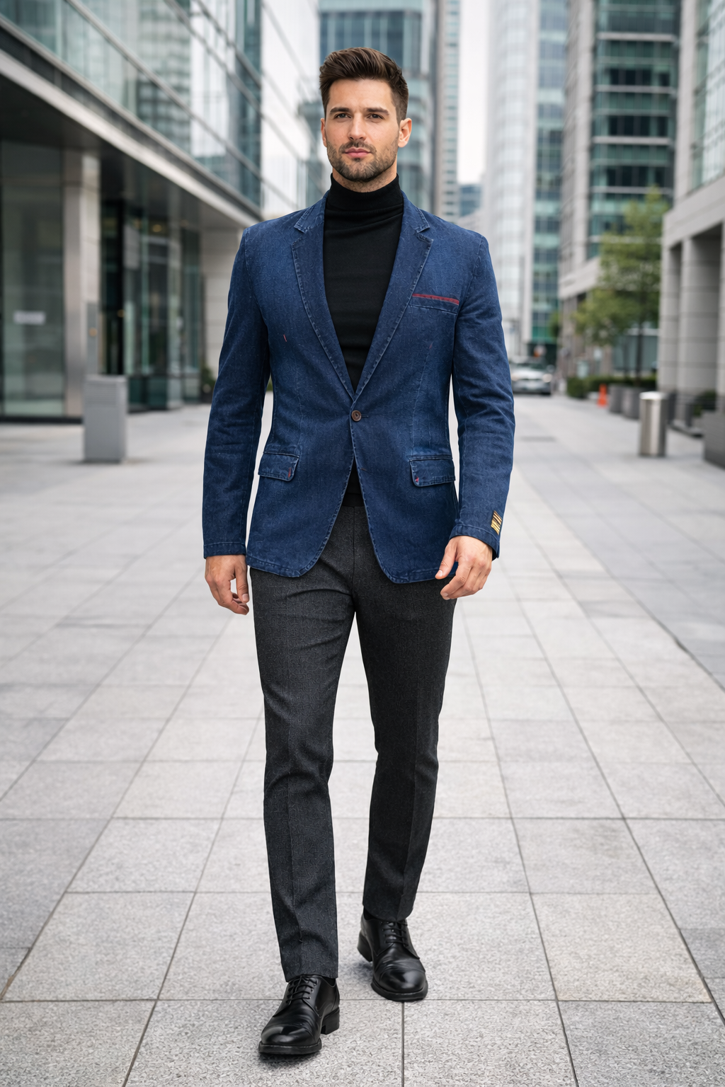 Mens Dark Blue Denim Casual Blazer with Notch Lapel and Single Button Closure