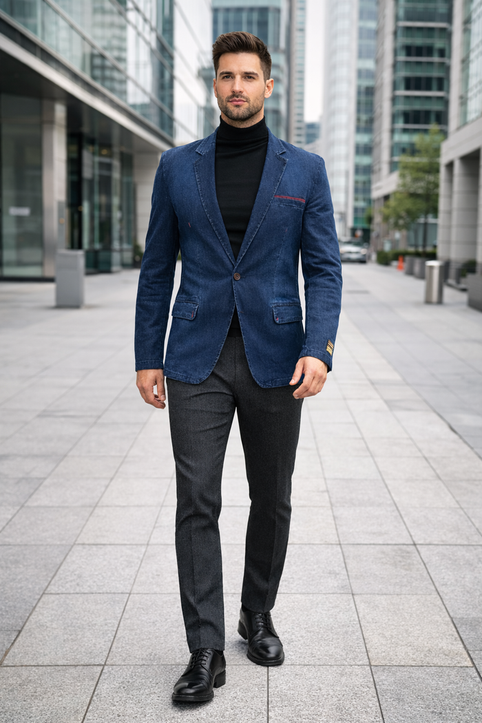 Mens Dark Blue Denim Casual Blazer with Notch Lapel and Single Button Closure