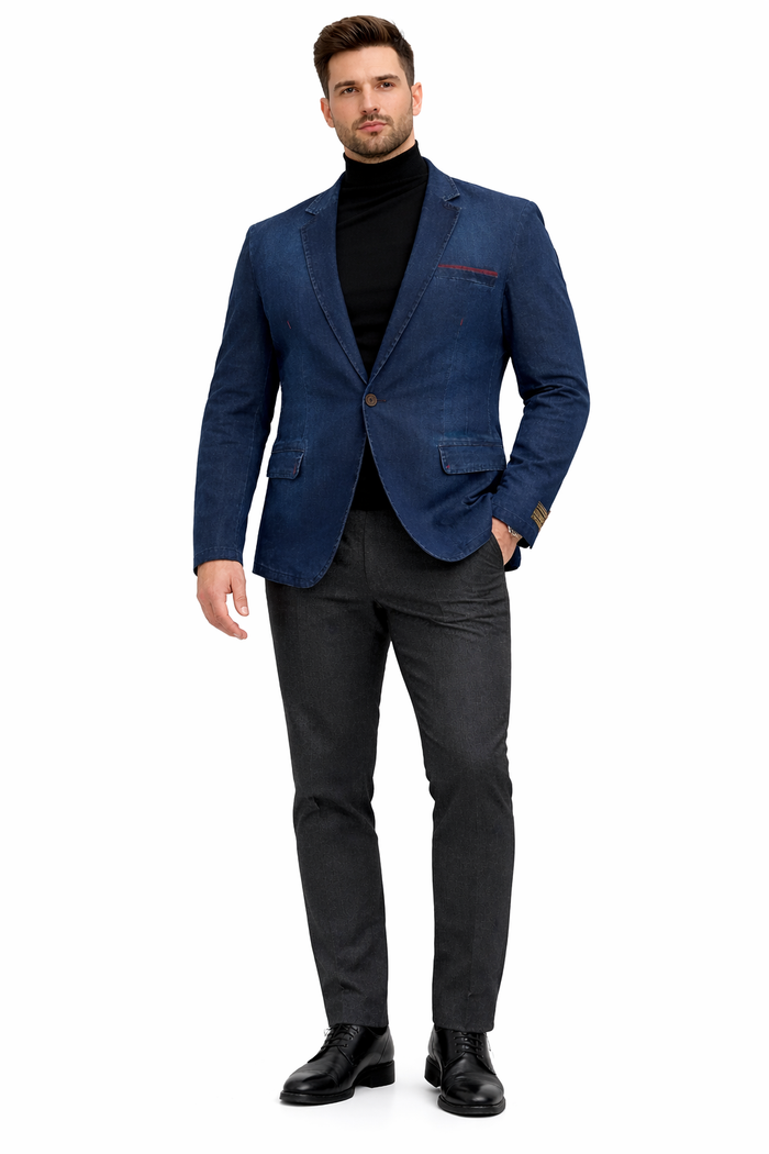 Mens Dark Blue Denim Casual Blazer with Notch Lapel and Single Button Closure