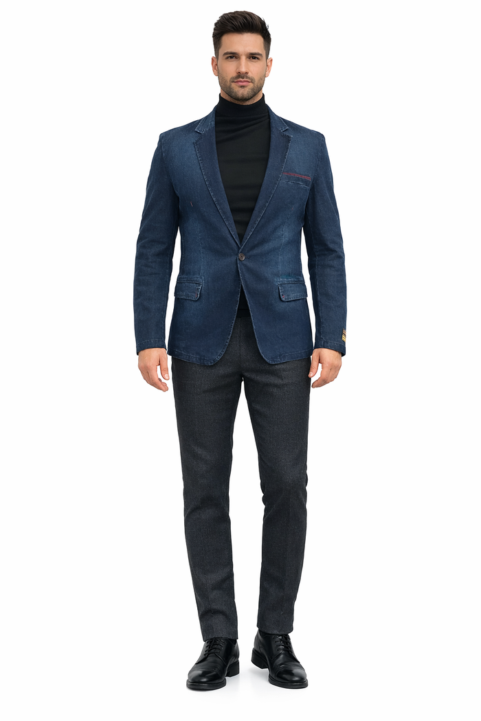 Mens Dark Blue Denim Casual Blazer with Notch Lapel and Single Button Closure