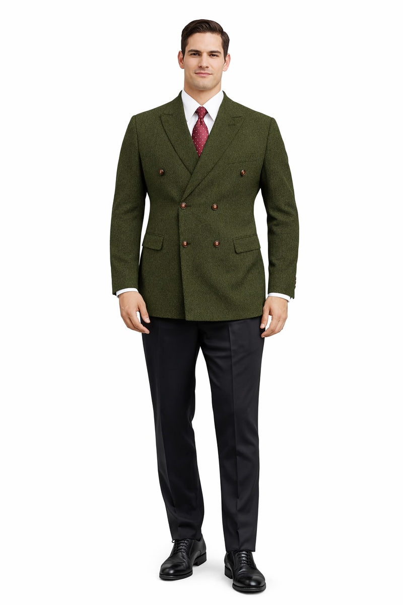 Men's dark green winter blazer. Double-breasted with brown buttons, tailored fit, structured shoulders. Textured wool-like fabric, notched lapels, side pockets. Modern design, deep green hue, perfect for winter.
